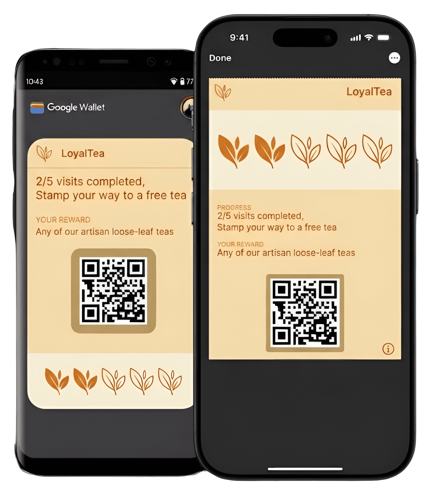 The Redelio loyalty pass shown in Google Wallet on Android and Apple Wallet on iPhone