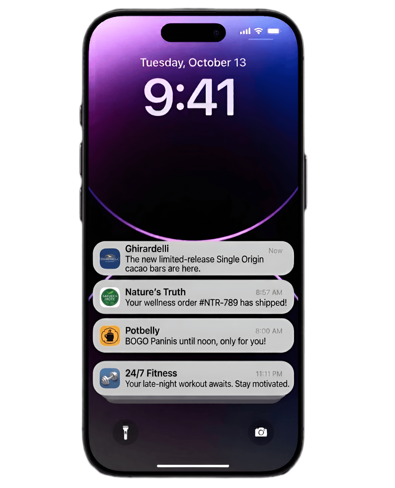iPhone lockscreen showing loyalty notifications from multiple brands