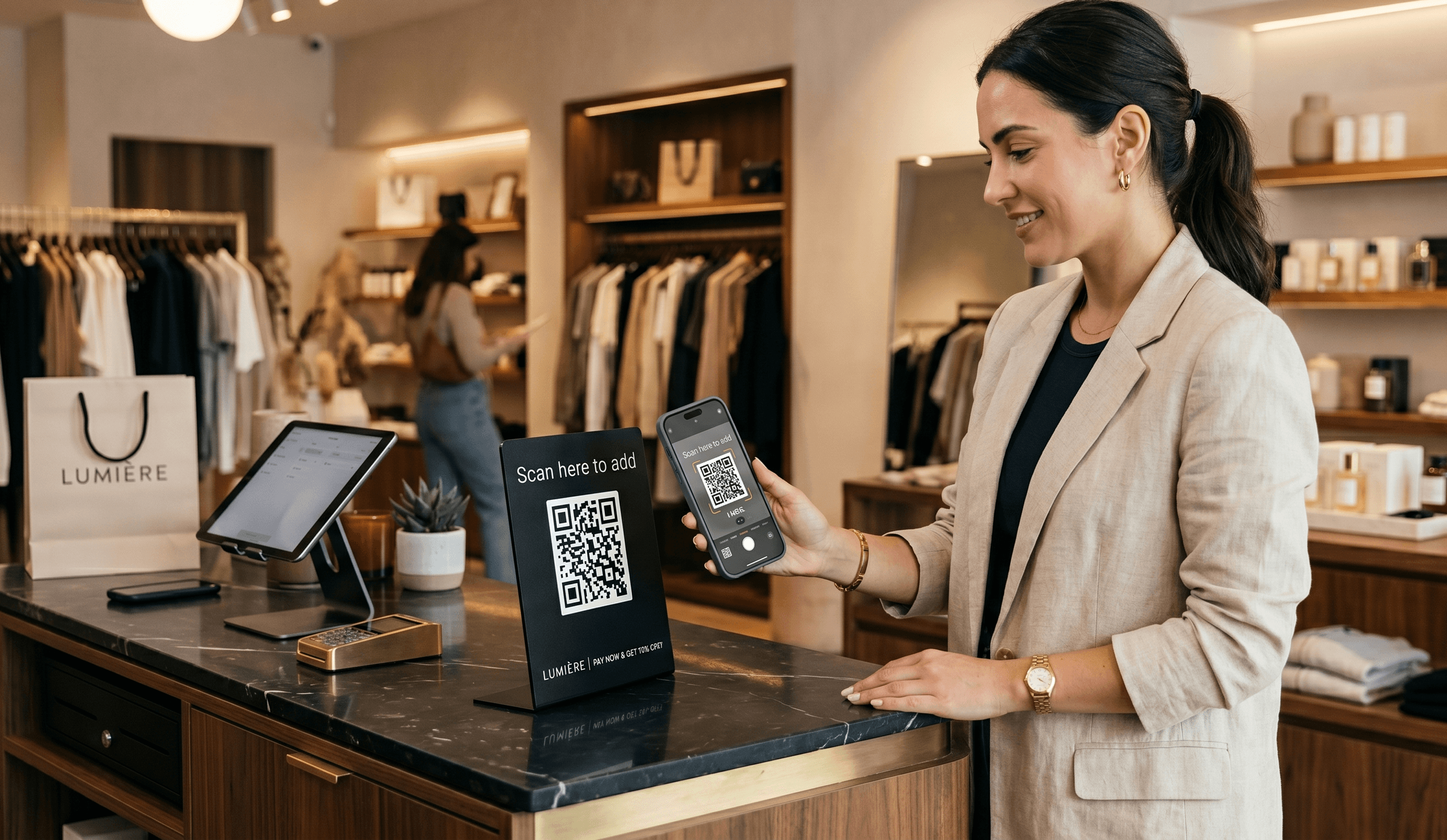 Customer tapping a QR code to add a loyalty pass to their phone wallet